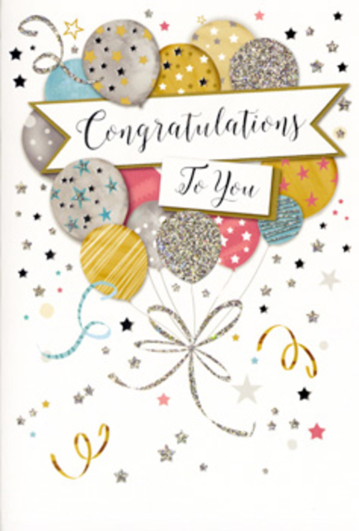 The image presents a sophisticated congratulations card whose front design captures the essence of a joyful celebration in Archway without a single real balloon in sight. Instead, a lush arrangement of illustrated balloons rises from the lower portion of the card, fanning outward like an elegant display. The balloons are rendered in harmonious shades of soft metallic gold and silver, creamy champagne, delicate sky blue, blush pink, and quiet grey, each surface delicately accented with glittering details. Some balloons are adorned with tiny stars that seem to twinkle, others with fine stripes or sprinkles of confetti-like dots, suggesting the satisfying texture of embossed and glittered print under your fingers. From their bases trail slender gold and silver ribbons, curling naturally down the card, overlapping in loose, graceful loops that evoke the carefree energy of a party at a favourite Archway café or a get-together near Whittington Park. The background is pale and uncluttered, softly speckled with tiny metallic stars and floating flecks of confetti, giving the whole design breathing room and a sense of airiness. Across the centre of this balloon bouquet unfurls a gently curved banner, its edges slightly rolled as though made from fine ribbon or paper. In elegant calligraphy the words Congratulations To You stretch across the banner, the script refined yet warm, ideal for recognising hard work, new beginnings, or personal victories. The card feels timeless rather than trendy, the type of design we at Flower Delivery Archway often choose to accompany classic bouquets for graduations, promotions, or new home celebrations. Visually, it radiates admiration, pride, and delight, much like a beautifully arranged vase of flowers placed on a sunny windowsill after a memorable day.