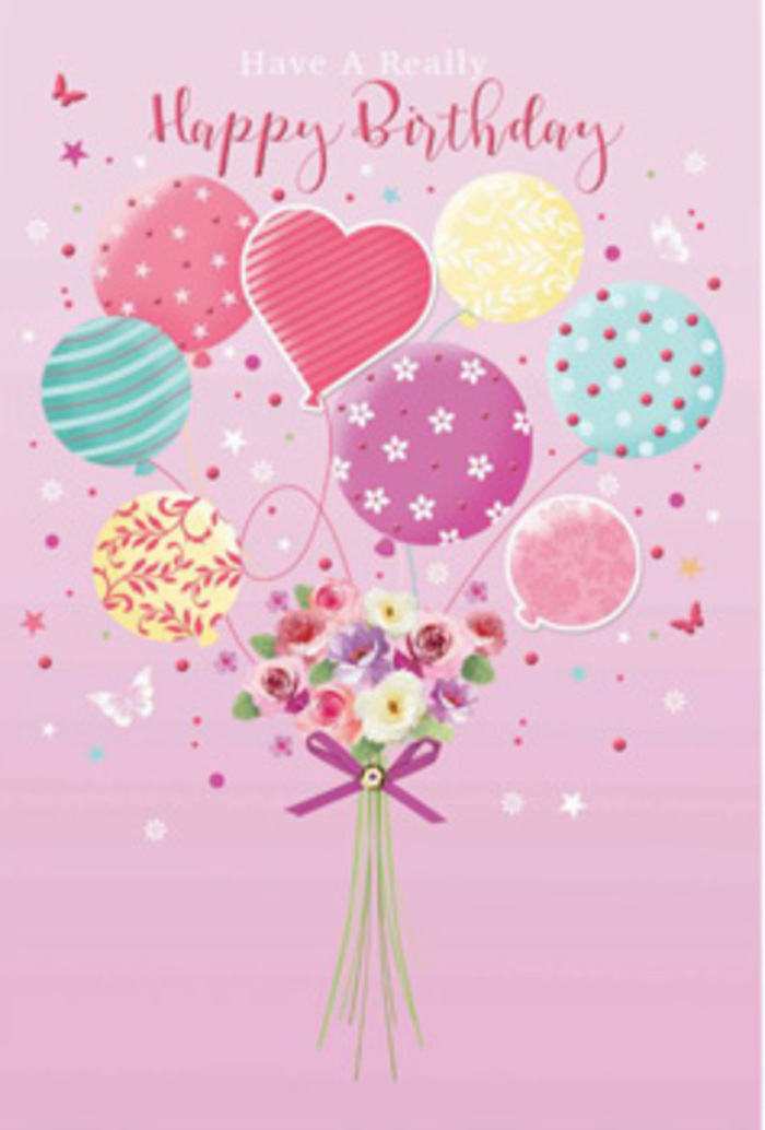 An enchanting birthday scene unfolds on this illustrated card, where flowers and balloons join together in a single uplifting design that feels perfectly at home in Archway's creative, village-like streets. The background is a soft, powdery pink, like the sky just before sunset over the rooftops near Highgate Hill. From the base rises a compact, hand-tied bouquet of fresh blooms, with delicate roses and daisy-like flowers in creamy ivory, blush pink, and gentle mauve. Each blossom is drawn with careful detail: velvety petals curl slightly at the tips, subtle shadows nestle at their centres, and hints of pale green foliage peek through, adding depth and freshness. A satin bow in shimmering purple wraps around the stems, its loose ends curling in an easy, celebratory way. From this bouquet springs a cluster of pastel balloons, as if the flowers themselves have taken flight. The balloons glow in shades of sea green, soft yellow, warm rose, and lavender, each one adorned with its own decorative pattern-twisting ribbons, scattered polka dots, and delicate floral designs that dance across the surface. Their gentle shine suggests a soft light, similar to the glow of birthday candles in a cosy Archway flat. Tiny butterflies hover playfully near the balloons, while minuscule stars sprinkle the air, giving the impression of a magical celebration paused in mid-air. The entire composition radiates warmth and affection, like a thoughtfully chosen birthday card that might accompany a same-day flower delivery to a loved one anywhere around Archway and its neighbouring North London communities.
