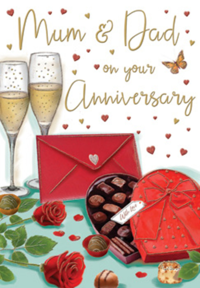 Detailed anniversary card artwork capturing a romantic celebration with roses, chocolates, and champagne, described through the senses of an Archway florist. The illustration centres on two deeply saturated red roses lying on a smooth tabletop, their petals full and layered, showing hints of darker garnet toward the centre and softer scarlet at the edges, as though freshly snipped from a premium bouquet prepared near Archway station. Around them, glossy green leaves curve protectively, brushed with delicate highlights that convey soft, ambient light, perhaps like the glow from a nearby lamppost on Holloway Road. Close by, a heart-shaped box of chocolates sits invitingly open, its rich red exterior encircled by a golden trim. Inside, bite-sized chocolates are nestled in neat rows, some topped with tiny decorative swirls, the surfaces catching the light with a tempting sheen. The box is crowned with an elaborate red satin bow, its ribbon folded and tied with care, mirroring the attention to detail a florist gives to finishing an anniversary bouquet. Rising just behind, two tall champagne flutes stand together in perfect symmetry, filled with golden, effervescent champagne; the artist has captured the tiny bubbles clinging to the glass like little sparks of celebration. Small red and gold hearts drift across the scene, echoing the joy of an intimate evening at home in Archway after a special delivery. A vivid scarlet envelope lies nearby, neatly sealed and suggesting handwritten words of love. Altogether, the card radiates tenderness and shared history, the kind of enduring affection that feels right at home in a familiar North London neighbourhood where milestones are celebrated year after year.