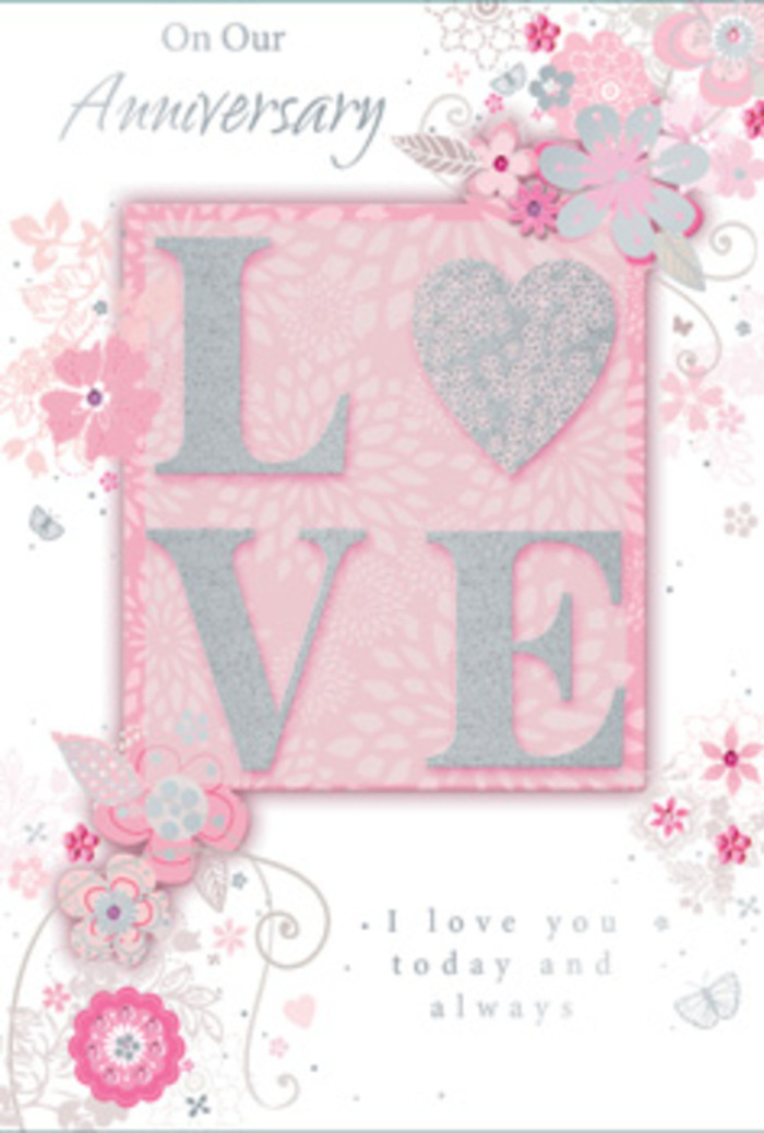 The anniversary card in view feels like a delicate work of art, as thoughtfully composed as a bespoke bouquet arriving at a doorstep off Holloway Road. At the centre sits the word LOVE, arranged in bold yet graceful uppercase letters that gently rise from the card's surface. Each letter is coated in a soft, frosted glitter, blending tones of blush pink, pearlescent white, and a trace of silver so that the texture appears almost velvety to the touch. Light seems to dance across these letters, much like sunlight glinting on petals freshly misted with water in a local Archway florist's studio. Behind and around this central motif, the background shifts in a soft gradient of powdered pink, giving the impression of a hazy, romantic sky. Over this pastel canvas, wisp-like illustrations of flowers, leaves, and slender vines stretch and curl in elegant arcs. The floral forms are stylised rather than hyper-realistic, their outlines executed in fine grey lines with touches of pale pink and silver shading to create depth. They evoke a romantic, English-garden feel, yet they remain airy and light, as though drifting like petals along the paths of nearby Whittington Park. Tiny flourishes-spirals, curved stems, and delicate leaf tips-add movement and a sense of gentle celebration without crowding the design. Nestled within or just below this artwork is a tender anniversary sentiment, expressed in a flowing, script-like font that feels personal and sincere, as though written by hand. The entire composition radiates warmth, commitment, and gratitude-a paper counterpart to a soft, pastel-toned anniversary bouquet curated for a couple who treasure quiet, enduring love in Archway.