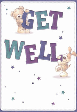 There's a delightful sense of comfort in this get well card, its artistry echoing the nurturing spirit found across Archway. The scene features a teddy bear-soft, huggable, and perched atop the bold 'GET'-while a cheerful puppy cozies up to the vibrant 'WELL' below. Their forms, round and welcoming, are imbued with an expressive warmth that transcends age and setting. Deep shades of purple and tranquil teal flow through the blocky, playful text, infusing the message with optimism, reminiscent of the colourful storefronts and cafés around Junction Road. Golden and blue stars scatter across the snowy white background, lending an airy, hopeful magic that calls to mind the twinkling lights often seen at Archway's evening community events. Every detail-the bear's tousled fur, the puppy's silky coat-sparkles with an almost tangible softness, inviting comfort during difficult times. As a florist, I'm reminded of creating bouquets meant for healing-each design element thoughtfully chosen, as is every flourish on this card. Its mood is at once light and powerful, crafted to bring reassurance and cheer whether displayed at a bedside or sent with same-day delivery through the streets of Archway, extending the promise of brighter, better days ahead.