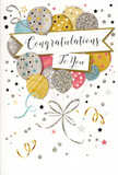This congratulations card is shown front-on, its design radiating the same uplifting feeling as seeing helium balloons bobbing above a celebration in Archway. At the centre, a generous bouquet of illustrated balloons gathers closely together, rising from the lower third of the card and creating a rounded, cloud-like cluster. The balloons vary in size and pattern, yet share a refined palette of metallic gold, silver, champagne, soft sky blue, blush pink, and muted grey. Some are coated in delicate glittery speckles, others display fine stripes or tiny star motifs, all suggesting the tactile pleasure of glossy and raised textures you'd feel if you ran your fingertips gently across the surface. From each balloon dangle slim ribbons in gold and silver tones, their lines flowing and curling as they fall, like streamers drifting down in slow motion after a toast at a local Archway gathering. Scattered around the balloons, small stars, confetti dots, and looping swirls dance across a pale, airy background, giving the impression that the entire design is in gentle motion. Across the middle, a soft banner stretches horizontally, its ends slightly curled as though made from satin ribbon. In elegant, sweeping script it reads Congratulations To You, the lettering balanced and graceful, conveying warmth, respect, and heartfelt pride. The overall ambience is celebratory but tasteful, suited to a wide range of occasions - from a promotion celebrated with flowers and a card delivered to an Archway office, to a graduation or personal milestone marked at home. As a florist who often helps customers pair carefully chosen cards with fresh, seasonal blooms, I see this design as a beautifully understated way to capture that moment when someone's achievement deserves to be honoured with both words and a touch of sparkle.