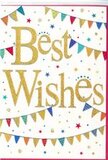 The Best Wishes card in this image radiates the kind of quiet, confident joy that suits almost any happy occasion in Archway, from exam results to a new job near Highgate. Centre stage, the phrase Best Wishes is written in sweeping, cursive gold lettering that looks delicately embossed, with a glitter-like finish that shimmers gently as if brushed with sunlight. The gold has a warm tone, neither brassy nor harsh, standing out clearly against the crisp white background while still feeling elegant and inviting. Arcing across the top and bottom of the card, strings of colourful bunting create soft curves around the message, reminiscent of decorative flags strung across a local street party near Archway Station. Each tiny triangular flag is rendered in bright, saturated colours-bold reds, fresh greens, sky blues, mustard yellows, and soft pinks-with some featuring subtle patterns such as dots, stripes, or small checks that add to a handmade, celebratory feel. Lightly scattered throughout the remaining space are small five-pointed stars and rounded confetti specks in matching hues, which give the impression of motion, as though they have just been tossed into the air and frozen for a moment. The design feels festive but not overdone, with plenty of white space allowing the shimmering gold text to be the central focus. This is the kind of card you might tuck into a hand-tied bouquet sent across Archway to mark a new chapter, offer encouragement before a big move, or simply share in someone's happiness when you cannot be there in person, carrying a mood of warmth, support, and celebratory cheer.