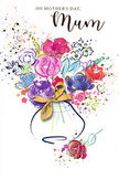 The Mother's Day card presents a lively, watercolour bouquet that feels as fresh and spirited as a hand-tied arrangement carried through Archway on a bright spring morning. At its centre, lush swirls of purple, fuchsia, and rosy pink mingle with serene blues and glowing reds, each petal defined with fine strokes of indigo that give structure without losing the dreamy fluidity of the paint. Golden accents shimmer delicately along the contours of petals and leaves, suggesting the way light might catch on a bouquet displayed in a shop window just off Holloway Road. The flowers rise from a softly curved vase, subtly shaded and finished with a tidy golden bow, evoking the gentle rustle of ribbon being tied by a careful florist. Around the central arrangement, scattered flecks of colour, small hearts, and splashes of pigment drift across the clean white background, like petals tossed in celebration along a path in nearby Waterlow Park. The colours blend and overlap, creating areas of soft transparency and richer saturation that give the artwork depth and quiet movement. The overall mood is one of joy, warmth, and heartfelt appreciation, capturing the simple yet profound act of saying thank you, Mum. It feels like a visual echo of the love behind every bouquet delivered across Archway on Mother's Day, from cosy flats near the station to family homes on the surrounding residential streets.