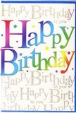 This photograph captures a joyful birthday card that looks ready-made for a lively celebration in Archway. The card stands upright, its front dominated by the words Happy Birthday printed in large, friendly letters that sweep across the page. Each letter is drenched in a smooth, multi-tone gradient, passing through shades of bold red, raspberry pink, deep violet, cerulean blue, teal, leafy green, and warm yellow, evoking the richness of a mixed bouquet freshly delivered to a home off Holloway Road. The colour shifts are soft and painterly rather than abrupt, giving the impression that the letters have been brushed with overlapping strokes of colour. Surrounding the main phrase, subtle coloured specks and shapes echo the same palette, creating a sense of movement like confetti or tiny balloons drifting upward. Behind it all, a delicate layer of golden writing repeats Happy Birthday to you in looping cursive, the metallic ink catching the light with a refined shimmer. This script forms a gentle backdrop, adding texture and depth without distracting from the main rainbow message. The cardstock appears firm and smooth with a slight sheen, hinting at a premium finish that would feel pleasantly cool and sleek in the hand. The design feels both playful and polished, making it suitable for anyone from a teenager celebrating in a flat near Archway station to an older friend enjoying a birthday tea in a quiet side street. The card's blend of bright colour, shimmering gold detail, and clear, joyful wording turns a simple greeting into a keepsake that amplifies the spirit of the day.