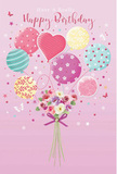 This illustrated birthday card presents a whimsical floating bouquet that feels as light and joyful as a stroll through Archway on a bright spring morning. The scene unfolds on a soft pink background, creating a gentle, romantic canvas for the artwork. At the bottom sits a lush, hand-tied bouquet of petite roses and anemone-style blooms, their petals shaded from creamy ivory through blush pink to dusky mauve. Each flower is rendered with a velvety, almost touchable texture, suggesting the kind of fresh, carefully selected stems a local florist would pick at first light. A violet satin bow wraps snugly around the stems, its glossy loops adding a polished finishing touch. Rising from the heart of the bouquet is a lively cluster of pastel balloons in shades of sea green, rose, lemon yellow, and lavender. Some balloons are patterned with swirling candy-coloured stripes, others with playful polka dots, while a central heart-shaped balloon glows softly with affection, like a secret message written across the sky above Archway. The balloons catch the light with a gentle sheen, giving depth and movement as they appear to drift upward. Around them, tiny stars and delicate butterflies scatter across the scene, lending a hint of fairy-tale magic, reminiscent of festive lights twinkling along Archway's high street on a birthday evening. The overall mood is one of tender, carefree celebration-a card that captures the joyful spirit of a special day and would sit beautifully beside a fresh birthday bouquet delivered to a doorstep anywhere in Archway.