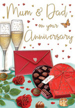 Anniversary card illustration portraying a cosy, romantic still-life of flowers, sweets, and fizz, imagined through the perspective of a local Archway florist. In the foreground, two rich red roses rest gently on a pale surface, their velvety petals luxuriously full and slightly curved, as if just placed down from an anniversary arrangement hand-tied in a nearby Archway workshop. The roses are wrapped by soft green foliage, each leaf carefully drawn with subtle veins and shading, adding depth and a touch of natural elegance. Beside them lies an open, heart-shaped box of chocolates in a deep red tone, edged with a fine golden border. Inside, rows of plump truffles sit in dark and milky shades of brown, almost glossy, inviting thoughts of shared sweetness at the kitchen table after a walk through Waterlow Park. A generous, dramatic bow of red satin ribbon crowns the box, its folds catching highlights that suggest a smooth, tactile sheen. Behind this, two slender champagne flutes stand close together, filled nearly to the brim with sparkling golden champagne, tiny bubbles rising in a slow, celebratory stream. Scattered across the background, small crimson and metallic gold hearts float like confetti around soft, hand-lettered anniversary greetings for a much-loved couple. A ruby-red envelope, perfectly sealed, rests nearby and hints at a handwritten note brimming with affection. The overall mood feels warm, intimate, and quietly joyful, reminiscent of an at-home celebration in Archway, flowers just delivered to the door, glasses ready to clink, and a shared sense that another year of love is something truly worth toasting.